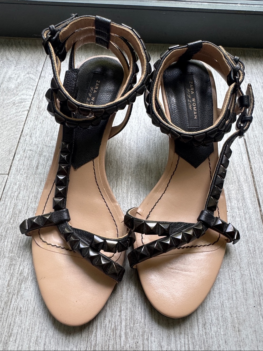 Zara Black Studded T-Strap Ankle Sandals size 37 Heels - Picture 2 of 10